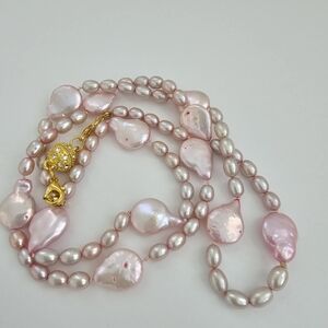Pink pearl mid length necklace hand knotted magnetic closure baroque pearls